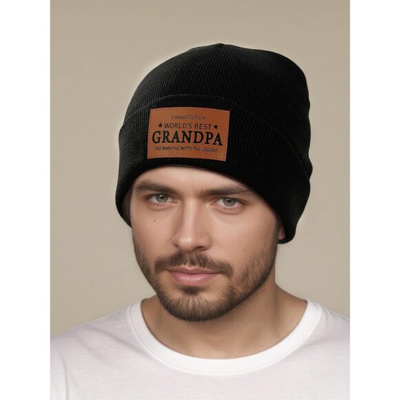 Worlds Best Grandpa Gifts Leather Beanie Hat Christmas Birthday Retirement Anniv - Picture 5 of 6
